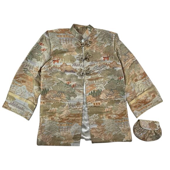 Vintage Japanese Kimono Jacket Obi Pagoda Silk Fabric Brocade Satin Small Purse